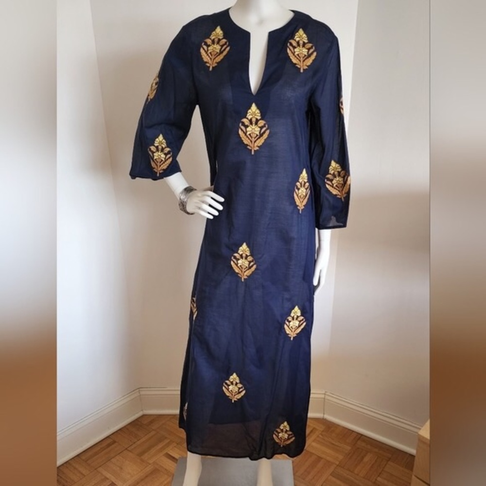 Brand New With Tags Tory Burch Navy Blue and Gold Embroidered Dress